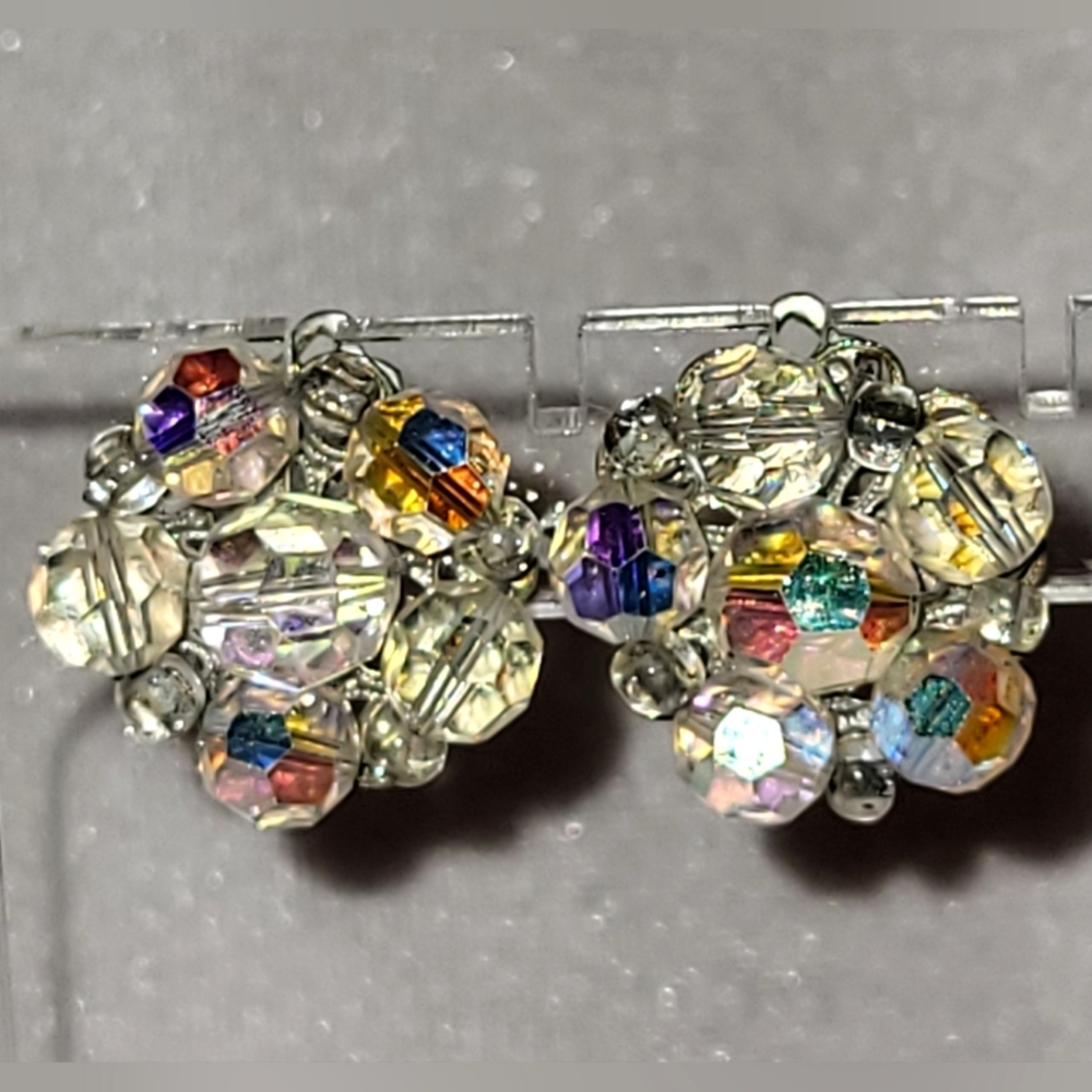 Vintage Aurora Borealis Crystal Cluster Silver Tone Clip-On Earrings